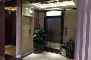Un ascensor con pantalla digital, una planta en maceta y una puerta con interruptor de luz.