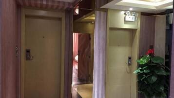 Un pasillo de hotel con una puerta cerrada, una planta y una lámpara en el techo.