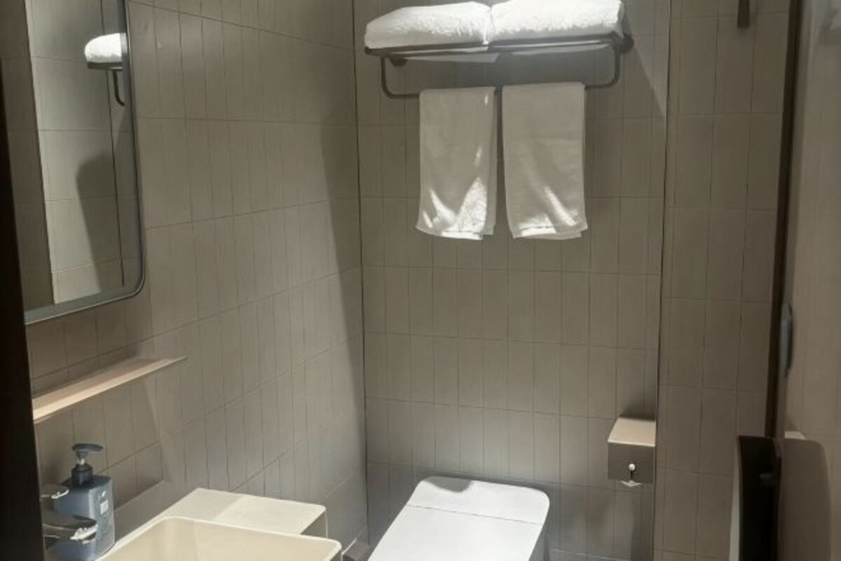 A bathroom with a shower, a toilet, a sink, and a mirror.
