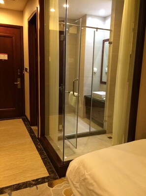 A hotel room with a glass-enclosed shower, a bed, and a bathroom with a sink and mirror.