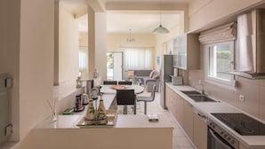 A modern kitchen with a dining area, a built-in oven, and a large window with curtains. - Villas F & B Summer Collection - Aegean Residence (Kassandra)