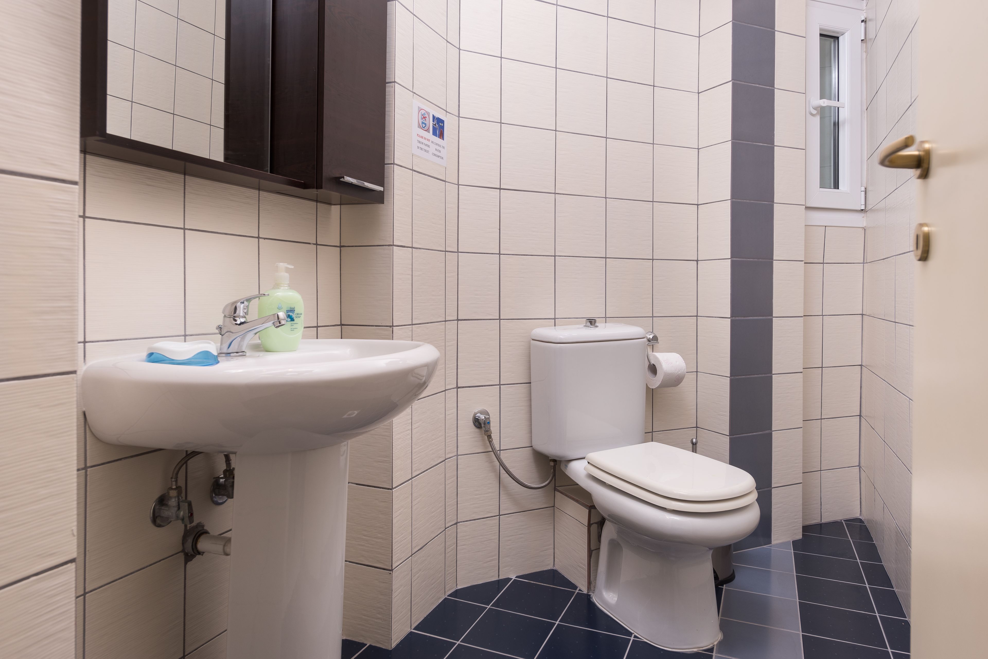 Un baño con lavamanos, inodoro y ventana.