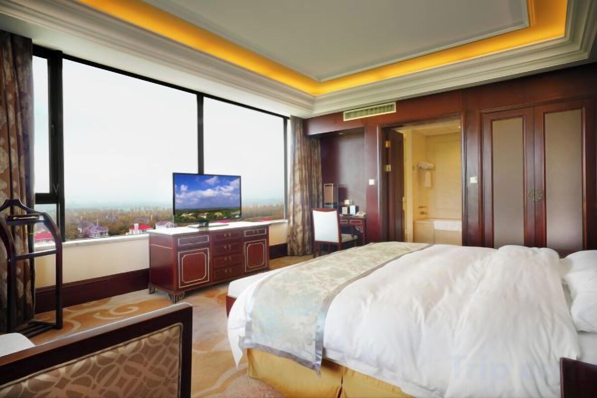A hotel room with a large bed, a television, a desk, and a view of the city.
