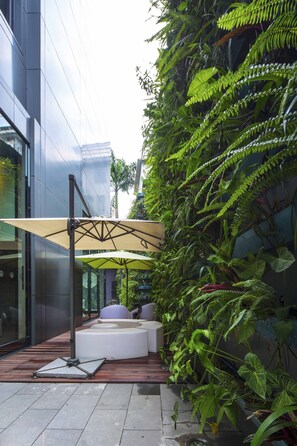 Un área de estar moderna al aire libre con pared de vidrio, rodeada de abundante follaje y helechos.
