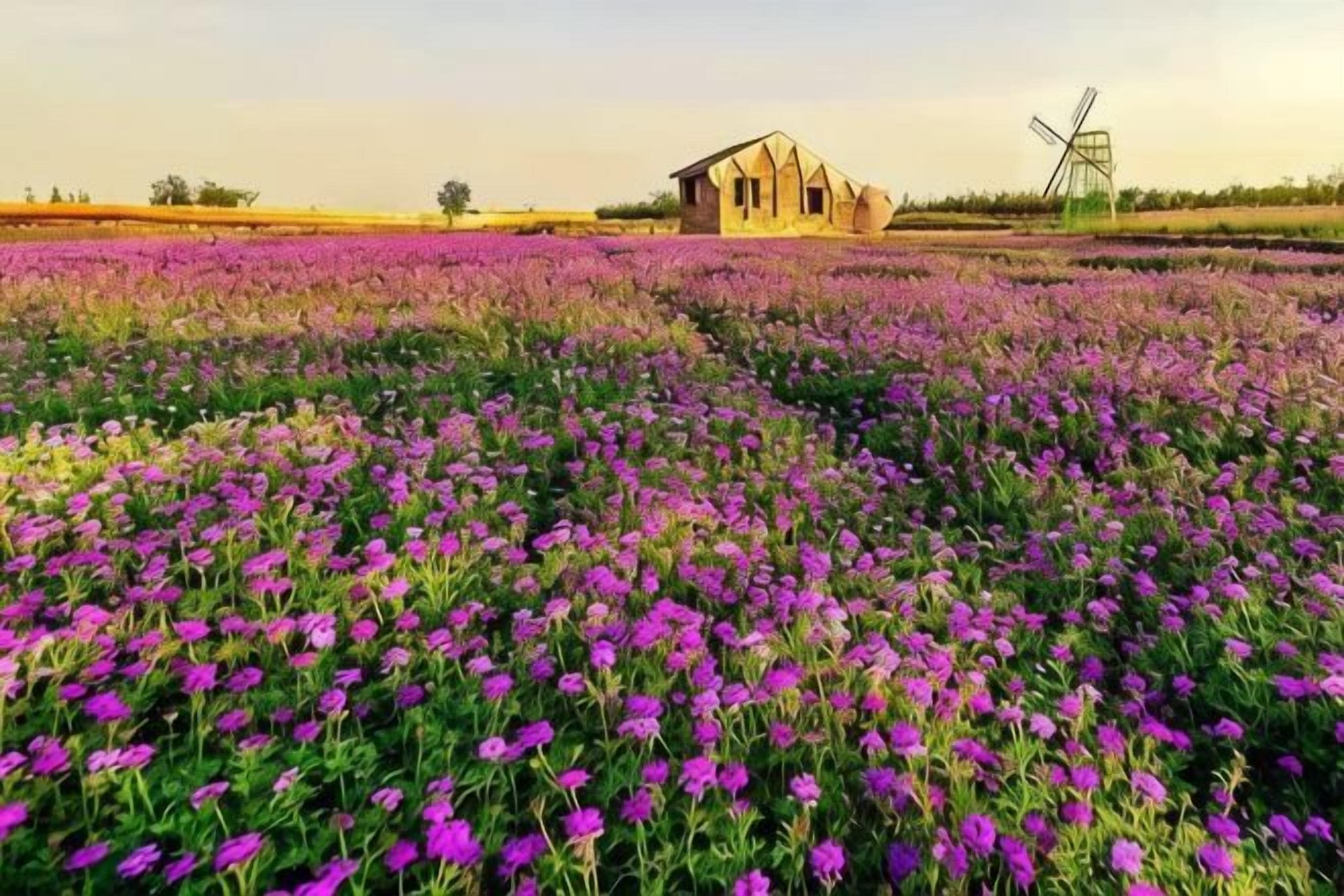 Un champ de fleurs violettes, avec un moulin à vent et un bâtiment en arrière-plan.