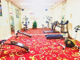 Ein Fitnessraum mit unterschiedlichen Trainingsgeräten, darunter Laufbändern und Kraftmaschinen, auf einem roten Teppich mit Muster.