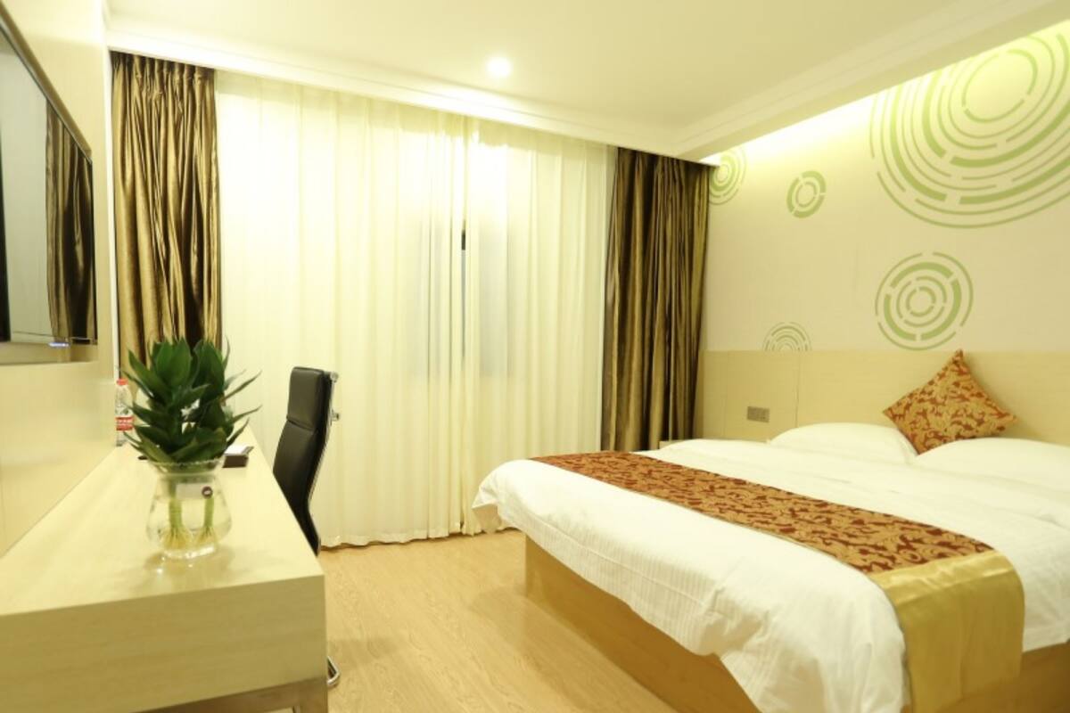 A hotel room with a bed, a desk, a chair, a potted plant, and curtains.
