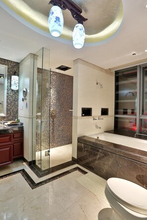 Une salle de bain moderne avec une douche à parois de verre, une baignoire et des toilettes.