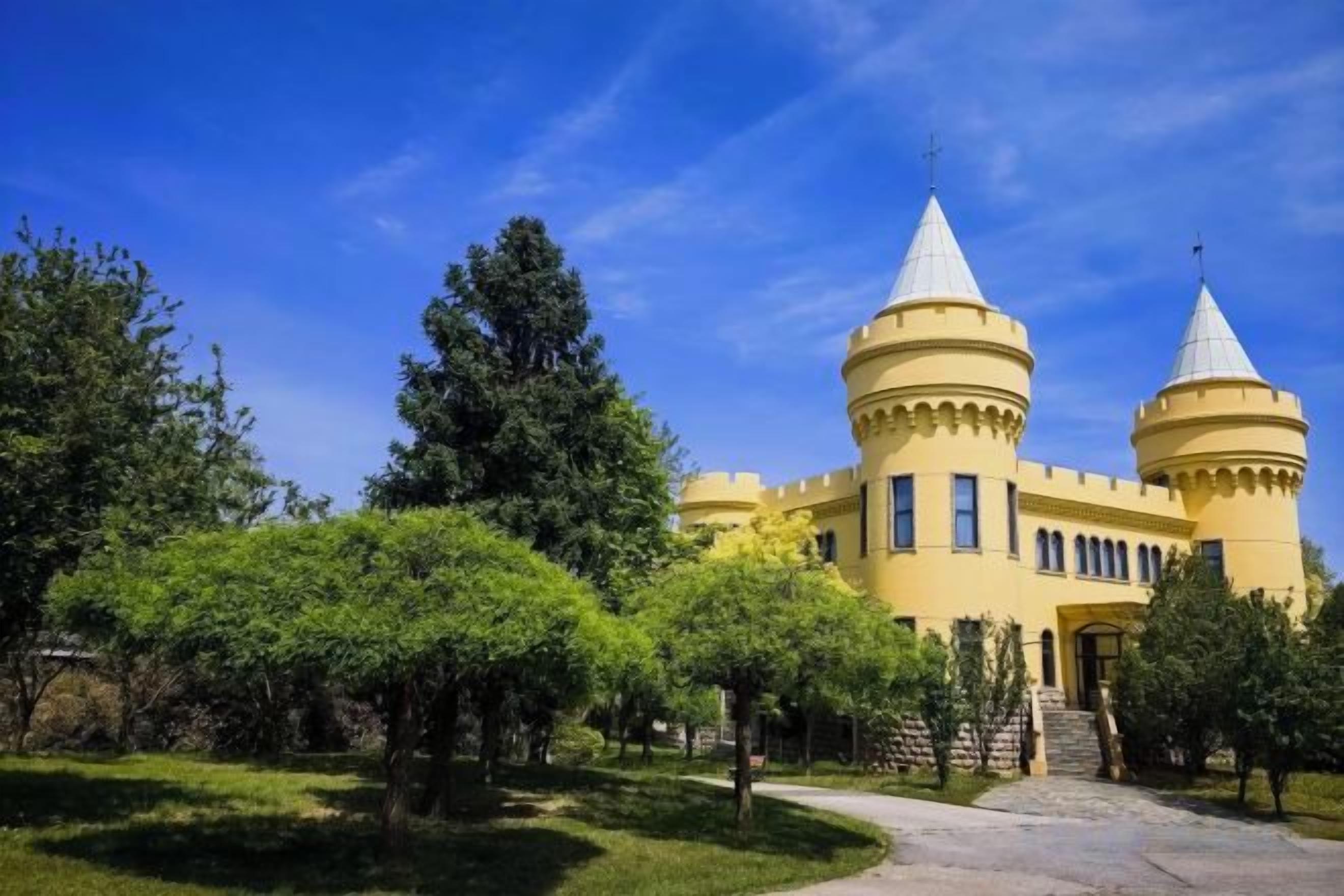 A castle-like building with two towers, surrounded by greenery.