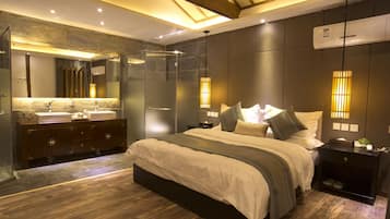 Premium bedding, desk, blackout drapes, soundproofing
