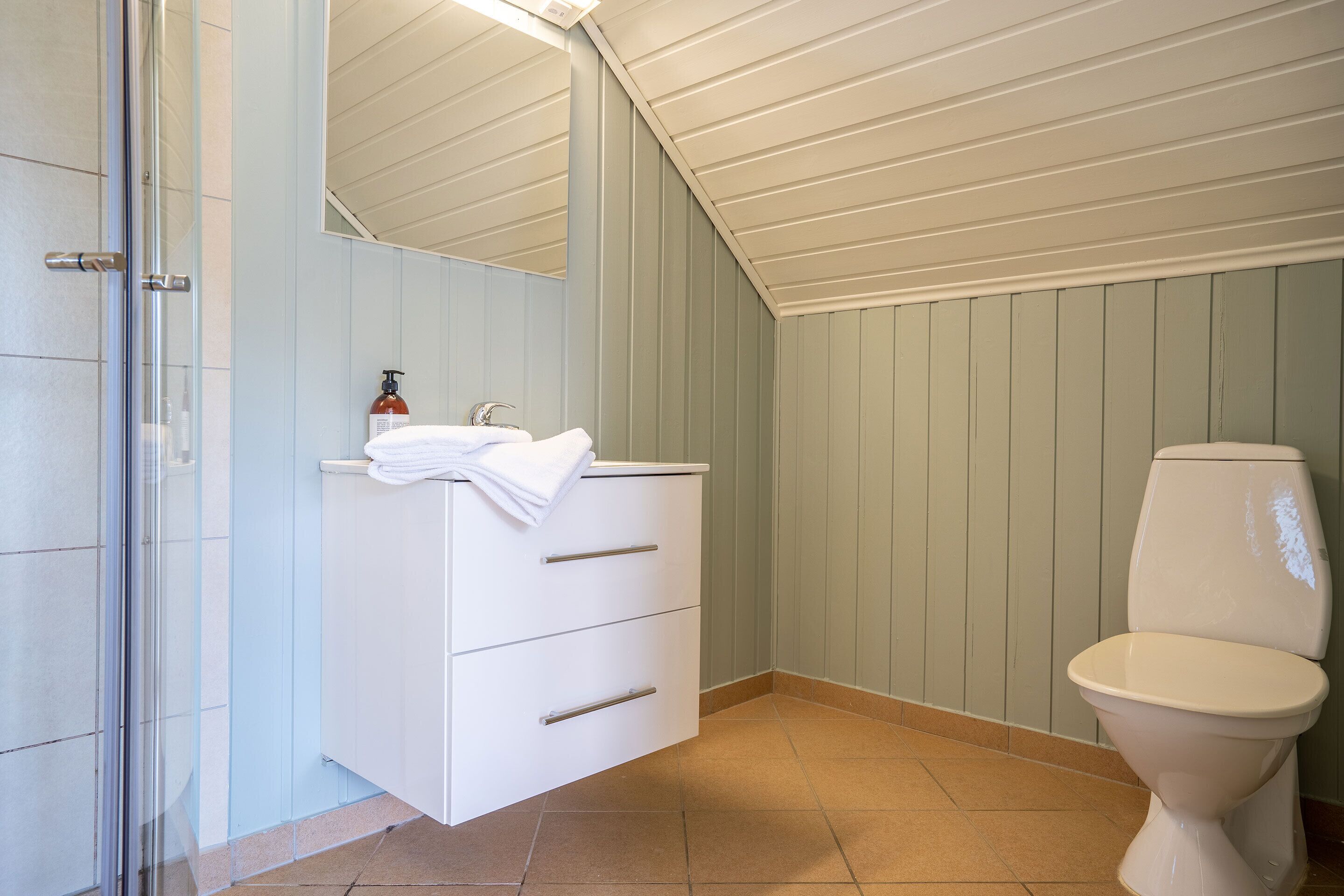 Et badeværelse med et hvidt møbel, toilet og bruseafsnit.