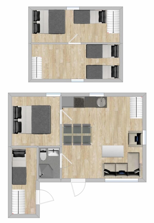 Plano de planta de una habitación de hotel con cama, escritorio, silla, baño pequeño y kitchenette.