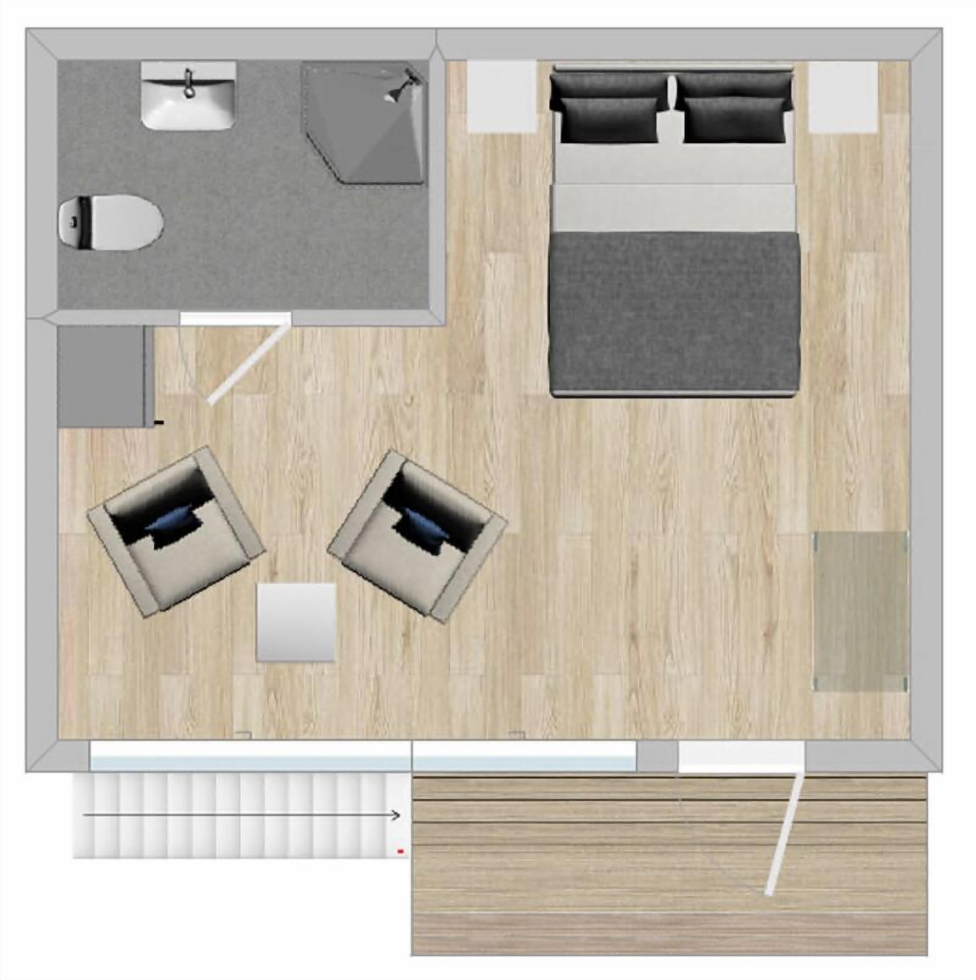 A hotel room layout with a bed, two sofas, a small table, a desk, a bathroom, and a window.