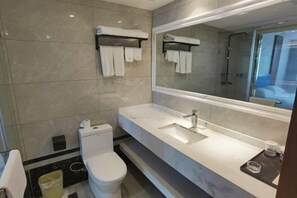A modern bathroom with a toilet, sink, and large mirror.