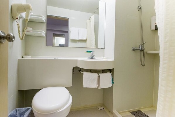 Ein Badezimmer mit Toilette, Waschbecken, Spiegel, Dusche und einem an der Wand befestigten Föhn.