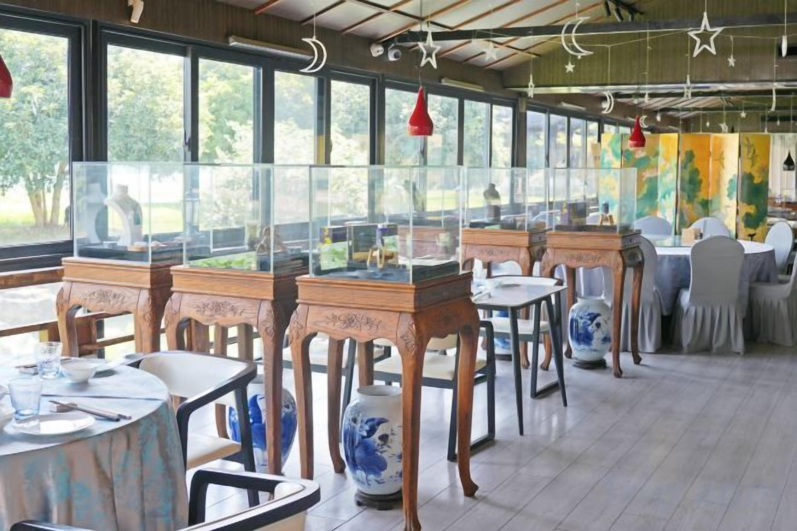 Un restaurant avec des tables rondes, des chaises et des vases décoratifs.
