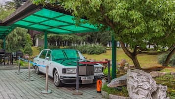 Un coche estacionado bajo un toldo verde en un jardín.