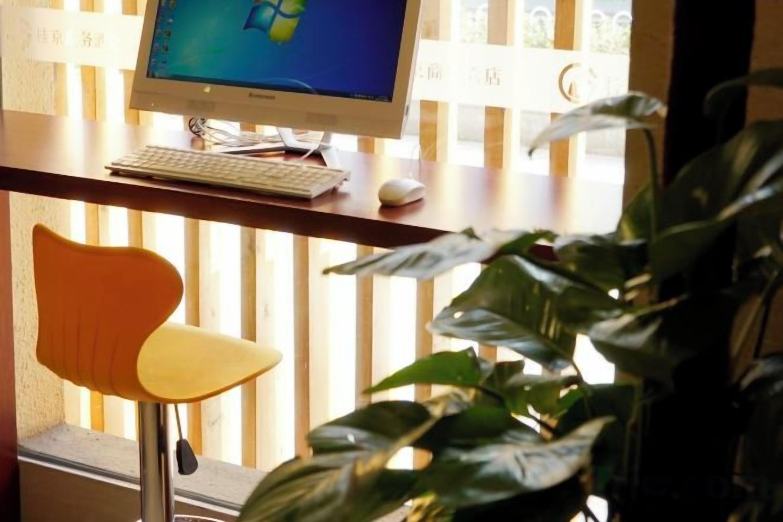 Een bureau met een monitor, toetsenbord en muis. Er staat een stoel en een potplant bij.