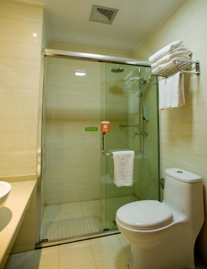 Shower, free toiletries, hair dryer, slippers
