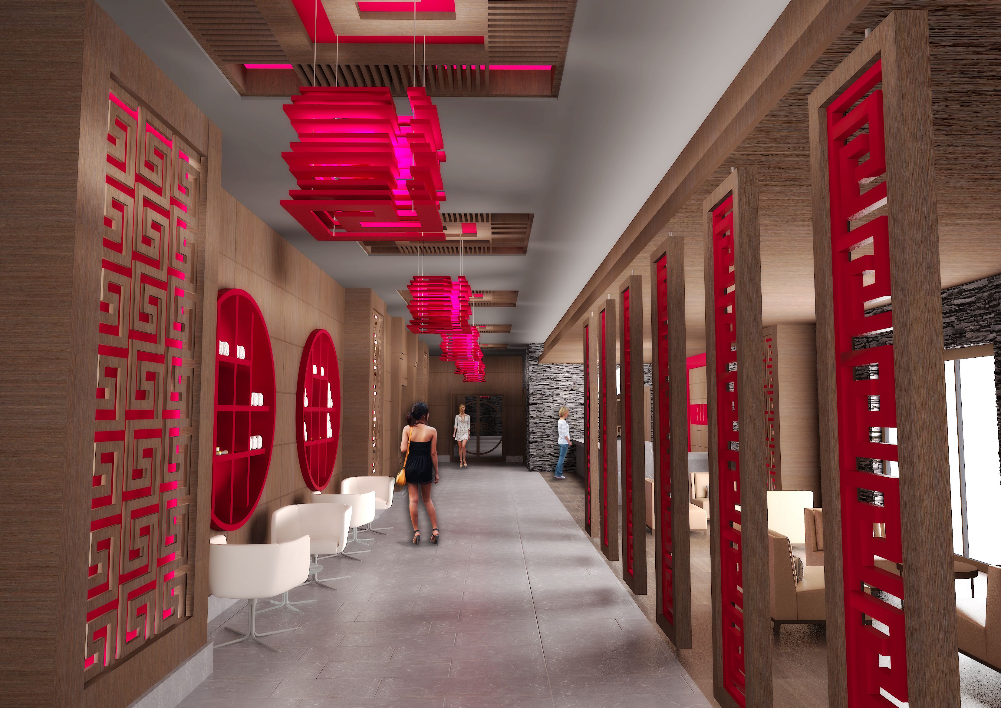 A modern hallway with wooden paneling, red accents, and white chairs.