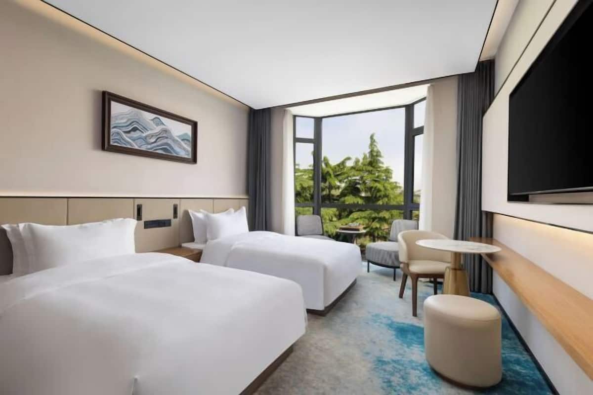 Habitación de hotel con dos camas, una mesita, una silla, un televisor y un ventanal con vistas a zonas verdes.