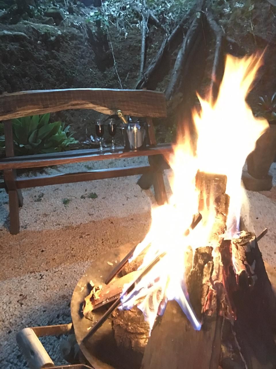 A campfire with logs and burning embers, surrounded by a wooden bench and a metal pot.