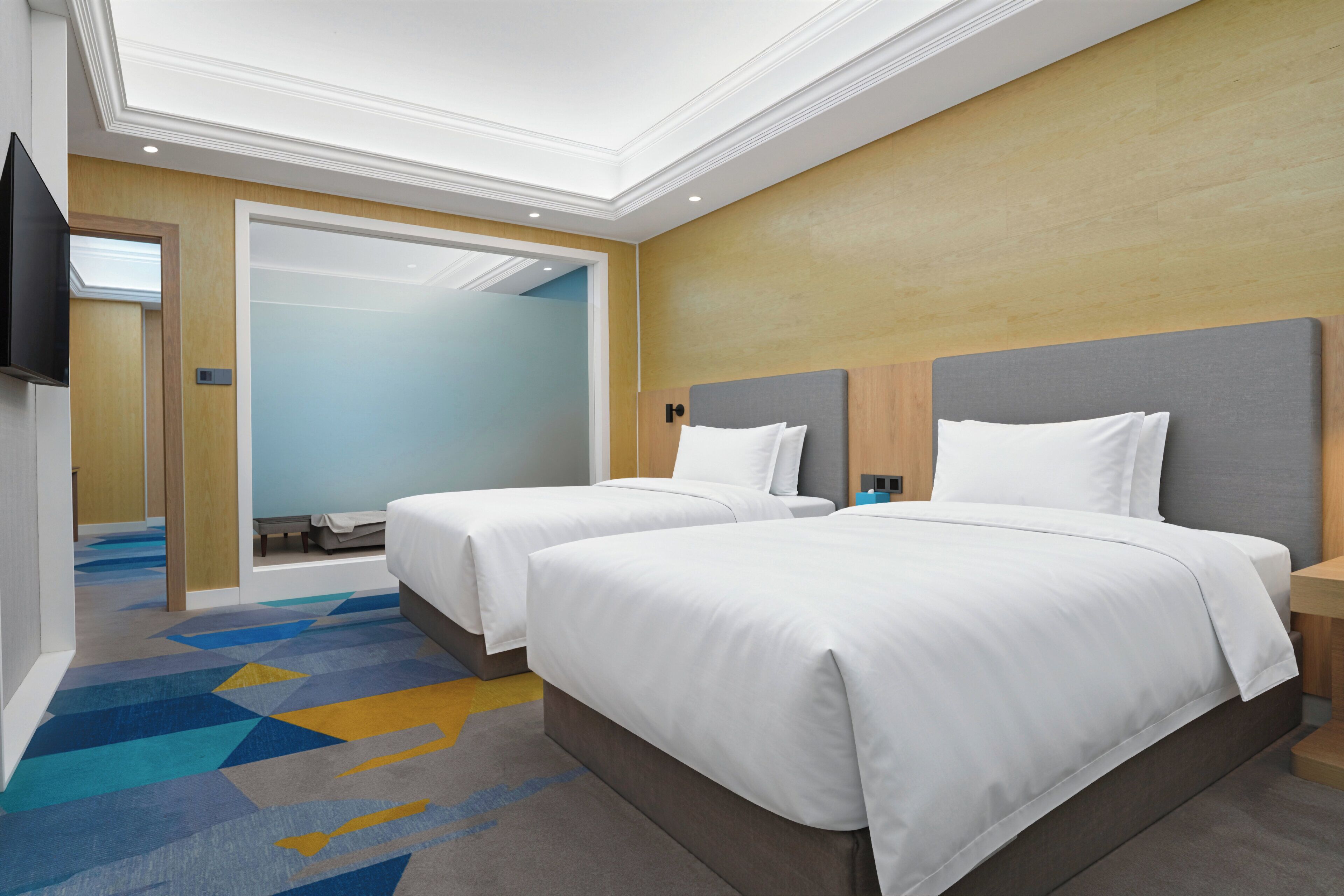 A hotel room with two beds, a television, and a patterned carpet.
