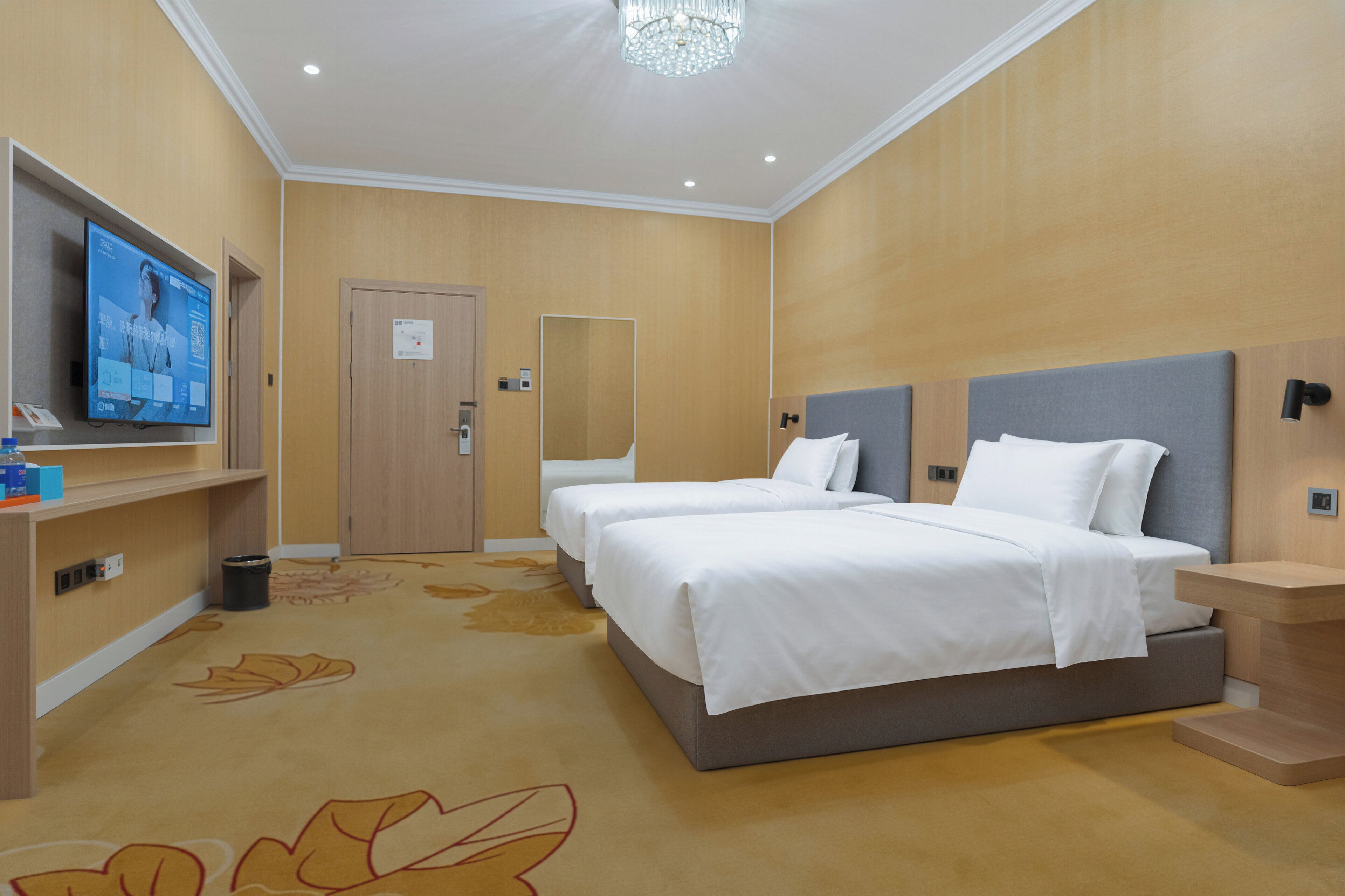 Ein Hotelzimmer mit zwei Betten, einem Fernseher, einem Spiegel und einem Teppich mit Blättermuster.