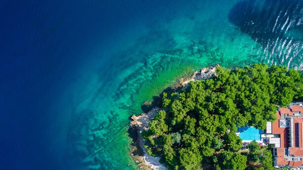 An aerial view of a coastal property with a swimming pool, dense greenery, and clear turquoise waters. - Villa Galijot Plava Laguna (Porec)