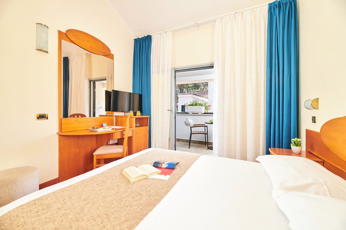 A hotel room with a bed, a desk with a chair, a television, and a view of the outside.