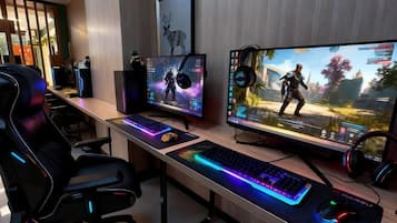 Configuração de jogos com dois monitores, teclado, rato e auscultadores.