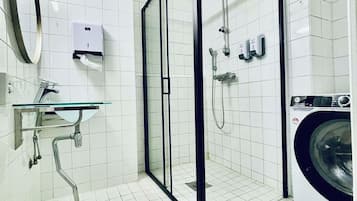 Hair dryer, slippers, towels, soap