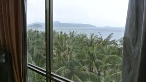 Vista a través de una ventana con cortinas, que muestra un cuerpo de agua, palmeras y accidentes geográficos distantes.
