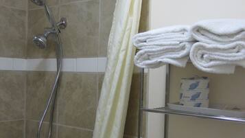 Combined shower/bathtub, free toiletries, hair dryer, towels