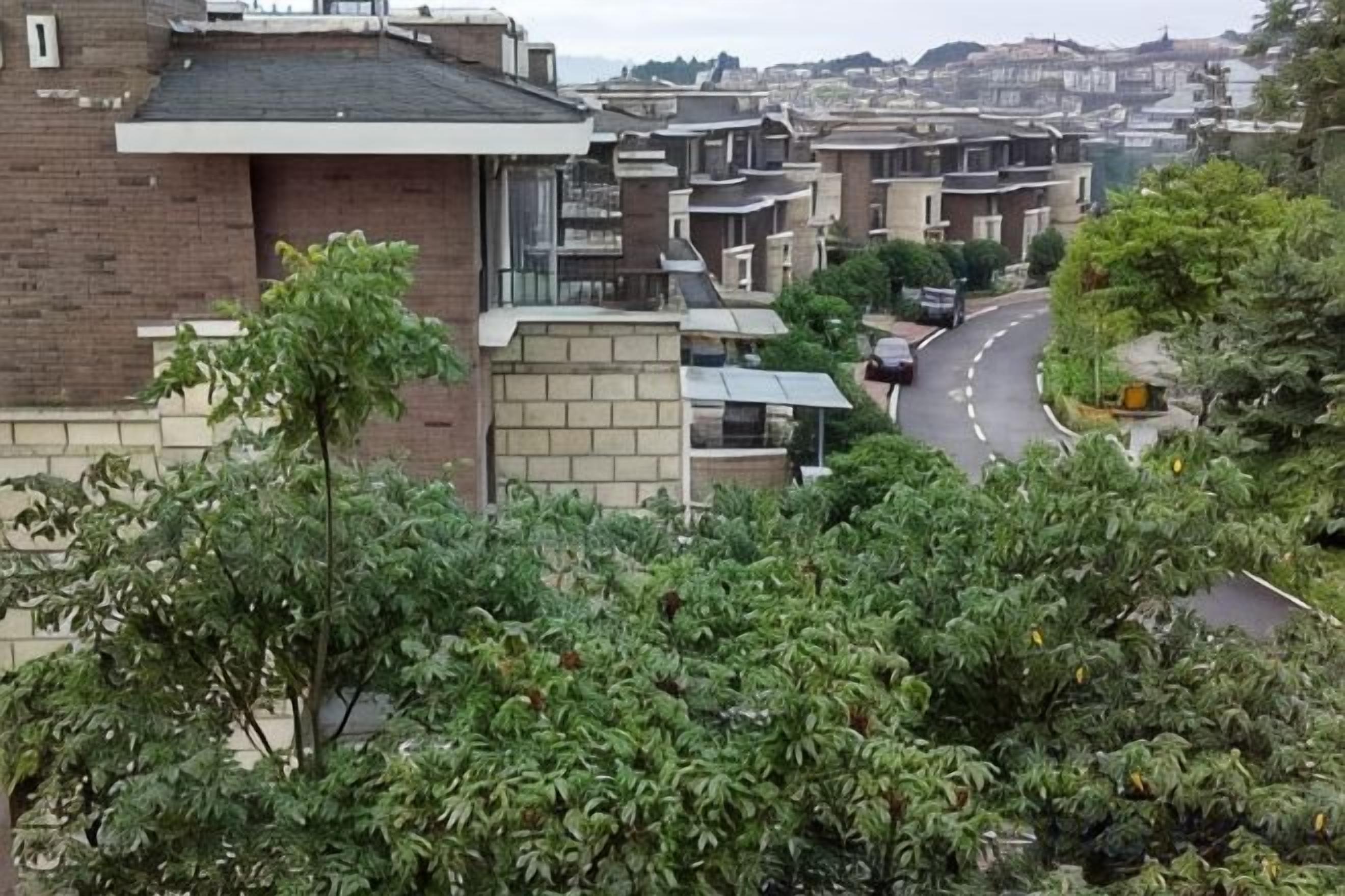 A residential area with modern houses, a curved road, and dense greenery.