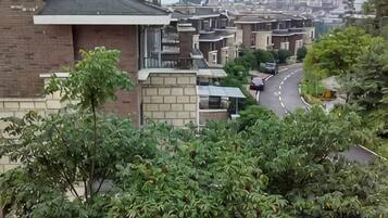 A residential area with modern houses, a curved road, and dense greenery.