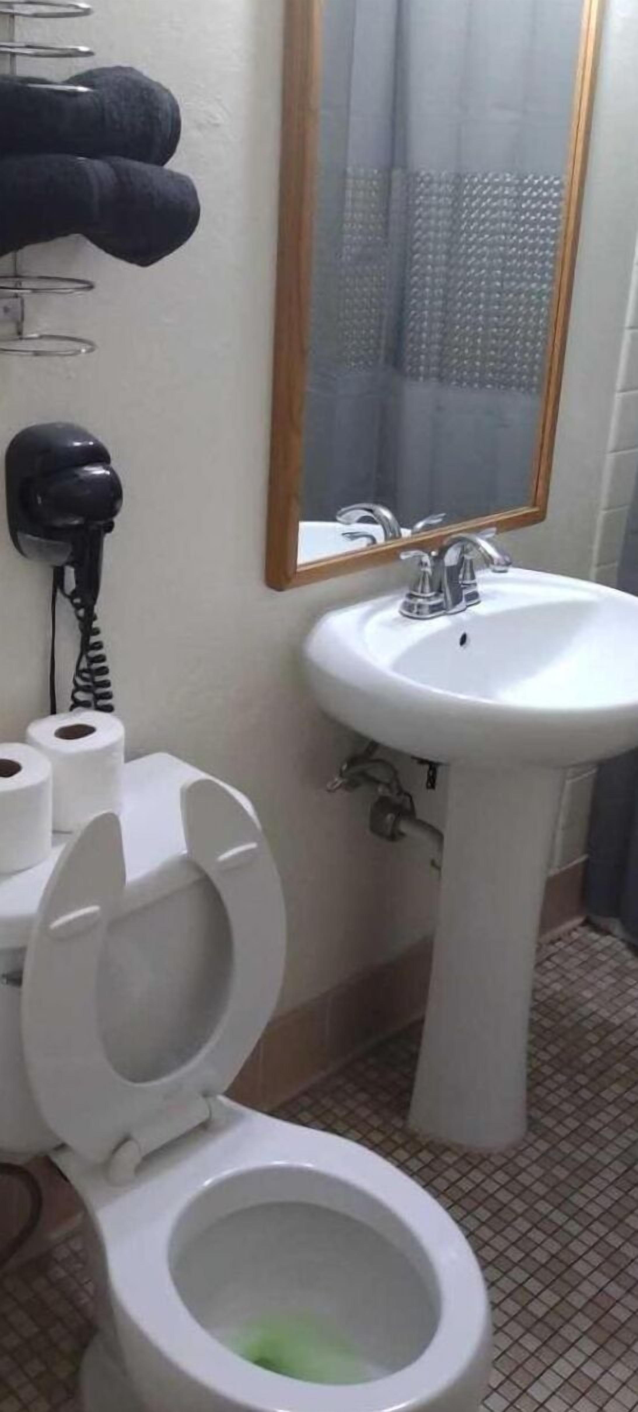A bathroom with a toilet, a sink, and a hairdryer on the wall.