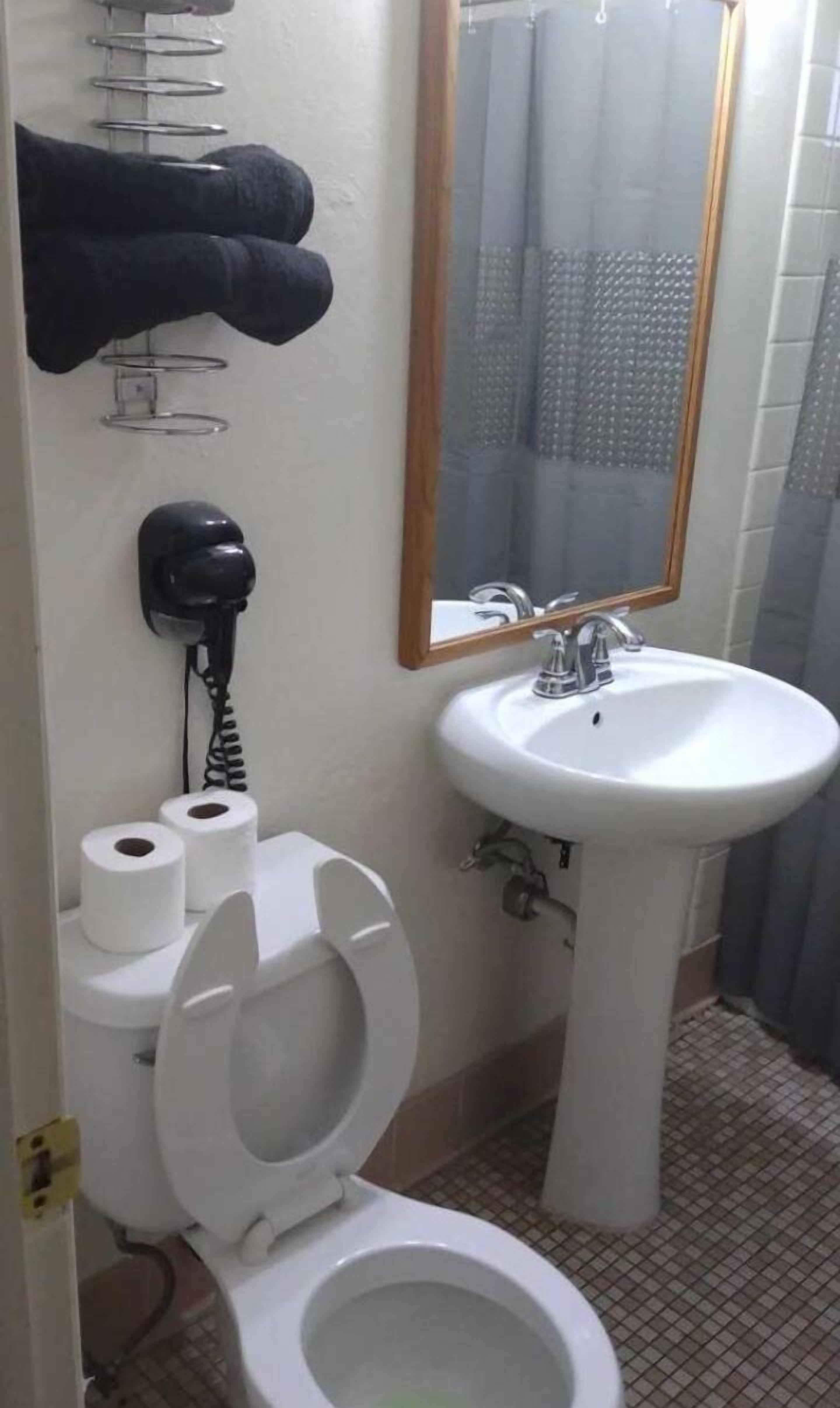 A bathroom with a toilet, a sink, and a mirror.