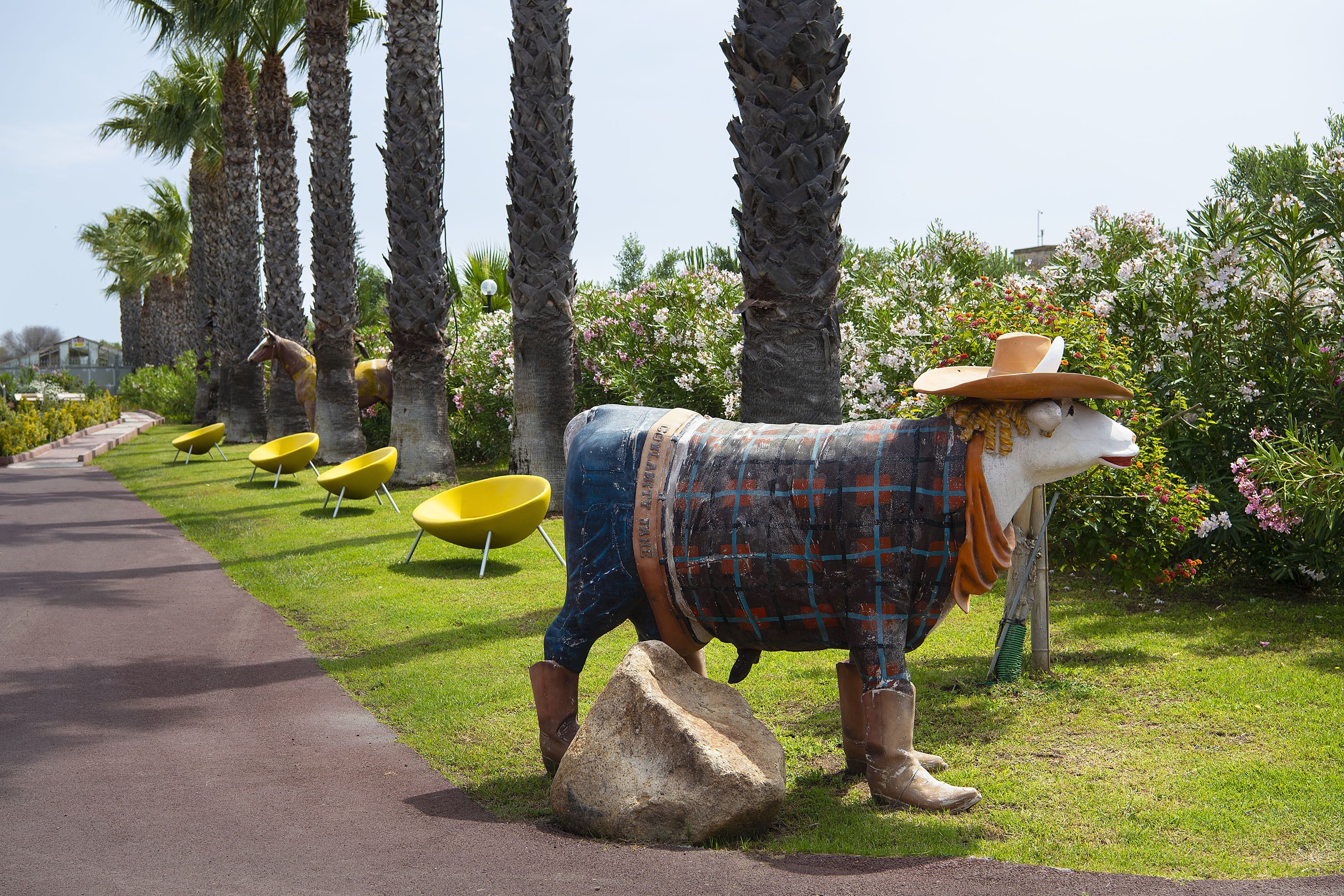 A cow statue with a cowboy hat and plaid blanket, standing on grass next to a path with yellow chairs and palm trees in the background.