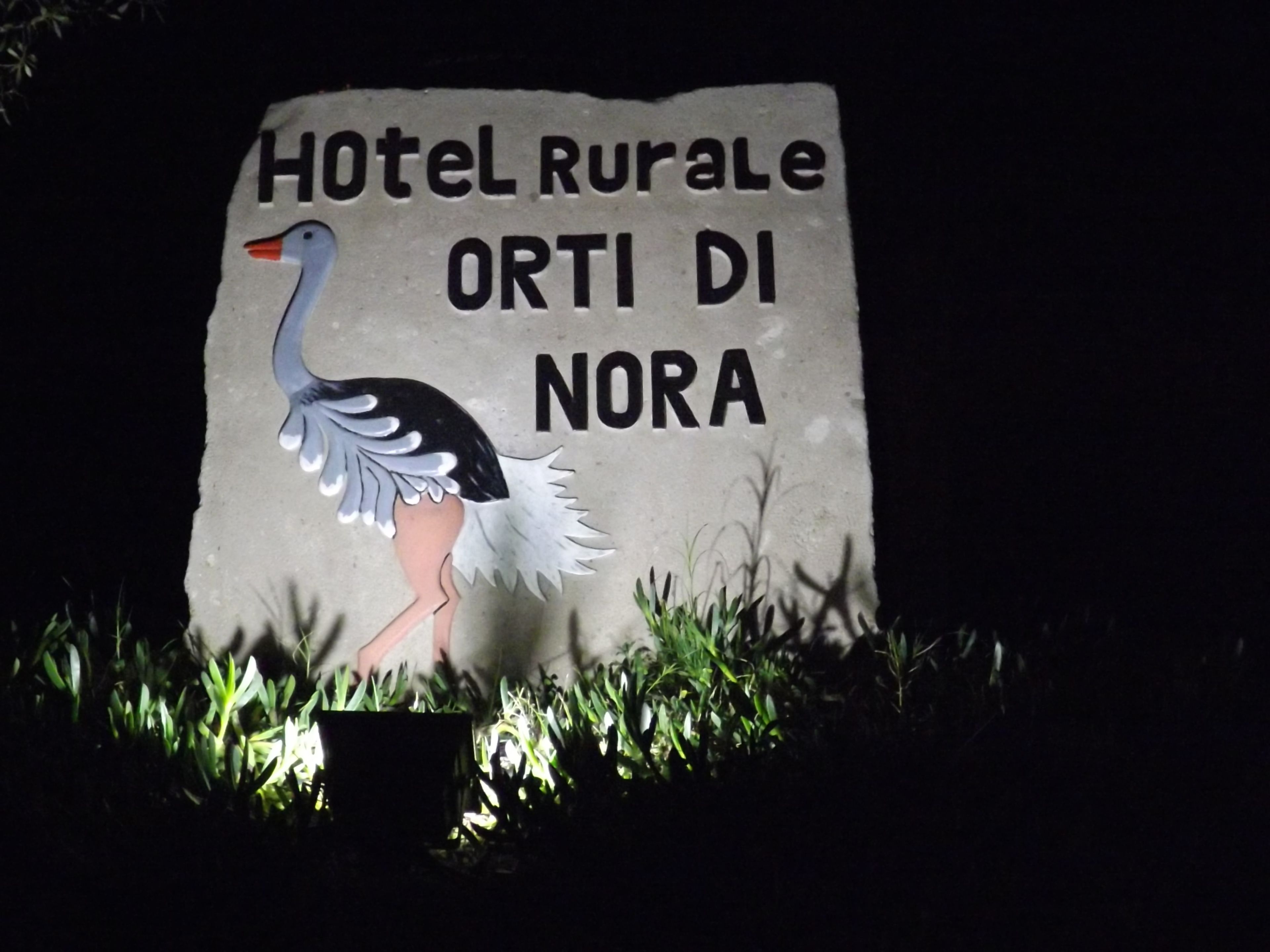 Un letrero de piedra con una ilustración de un pájaro y el texto 