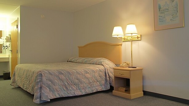 Habitación de hotel con cama, lámparas de noche, mesita de noche, teléfono y un cuadro en la pared.