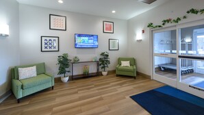 Ein Empfangsbereich mit zwei grünen Sofas, einem Blumentopf, einem Fernseher und gerahmten Kunstwerken an den Wänden.