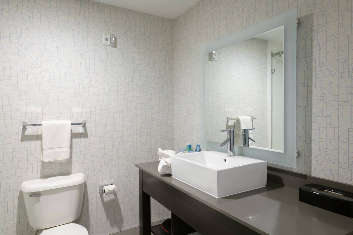 combined shower/bathtub, hydromassage showerhead, hair dryer, towels