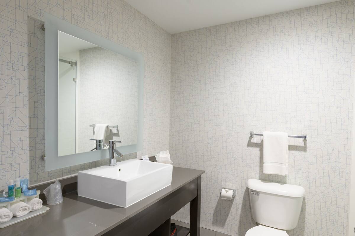 combined shower/bathtub, hydromassage showerhead, hair dryer, towels