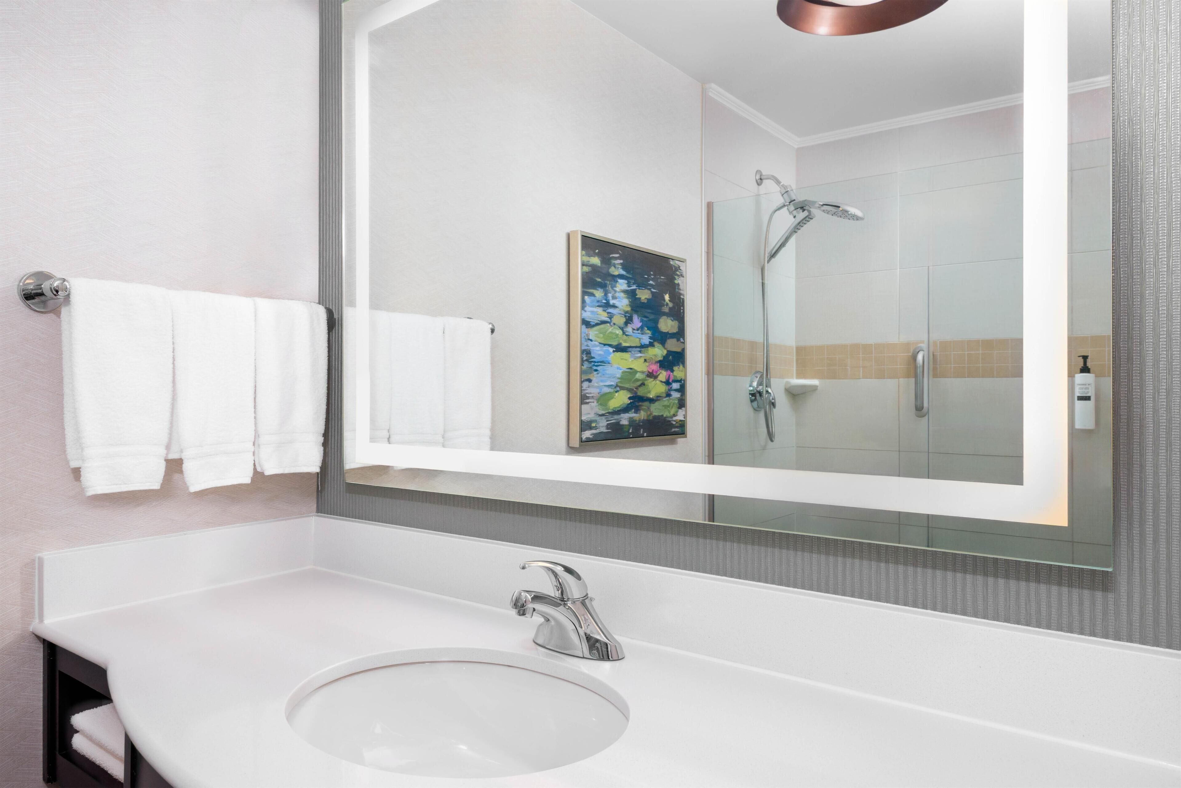 A bathroom with a white sink, a large mirror, and a shower.