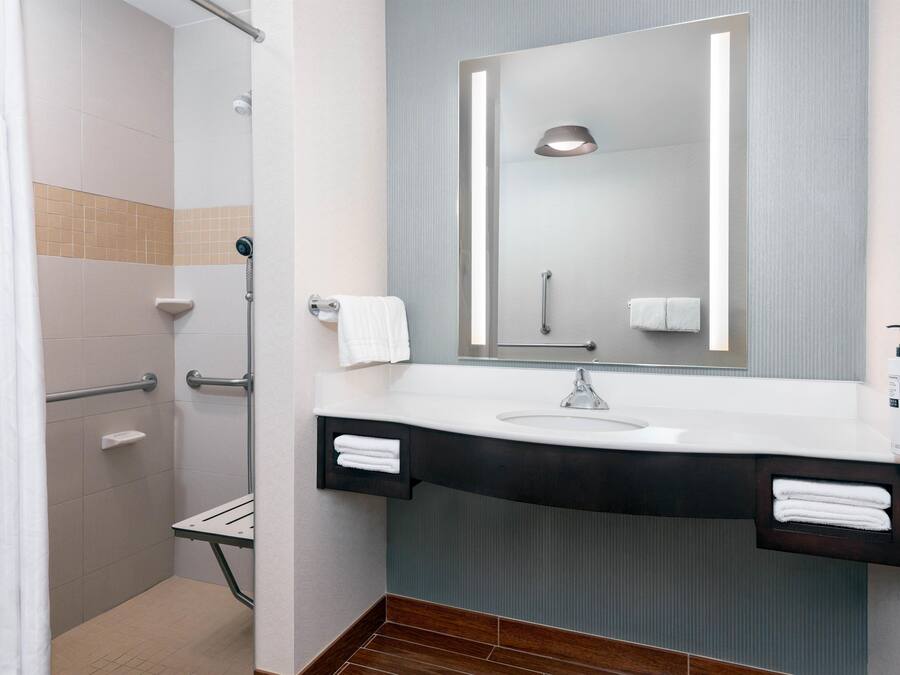 A modern bathroom with a shower, a sink, and a mirror.