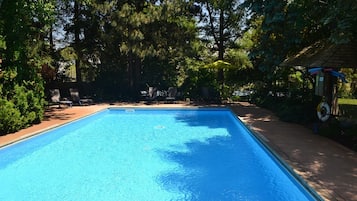 Seasonal outdoor pool, open 9 AM to 8 PM, sun loungers