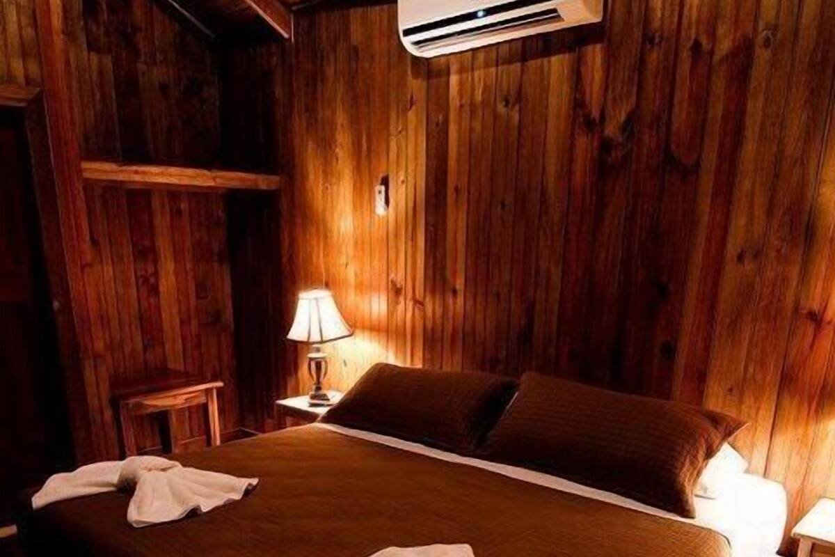 Une pièce en bois comprenant un lit, une table de chevet et un appareil de climatisation.