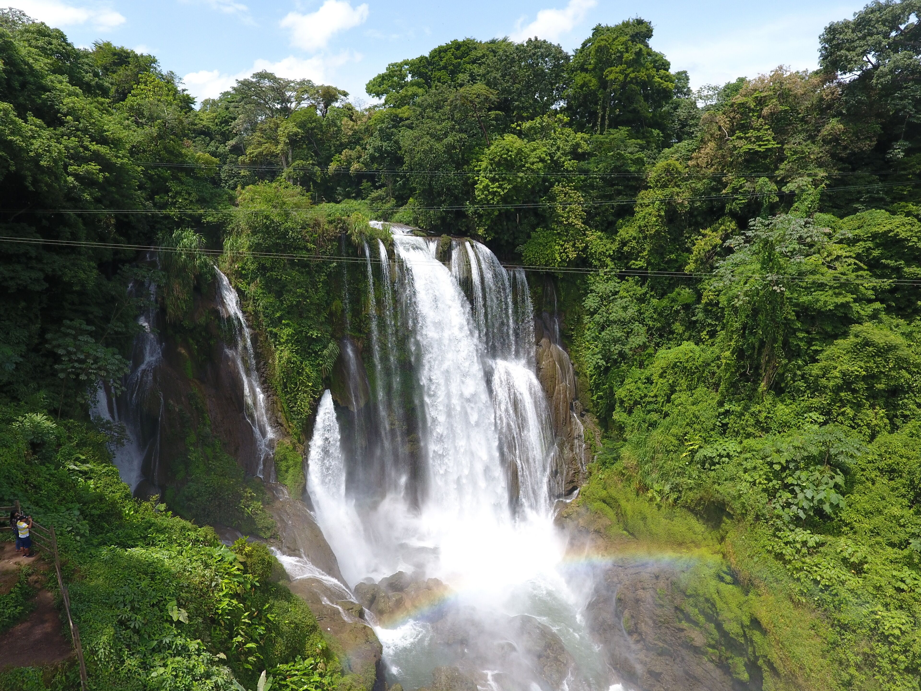 A waterfall surrounded by dense forest.