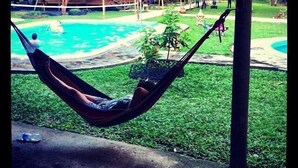 A hammock under a covered area overlooking a swimming pool and wooden cabins. - Pulhapanzak Waterfalls Cabins (San Francisco de Yojoa)